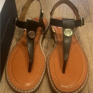 Tommy Hilfiger Black and Brown T-Bar Sandals